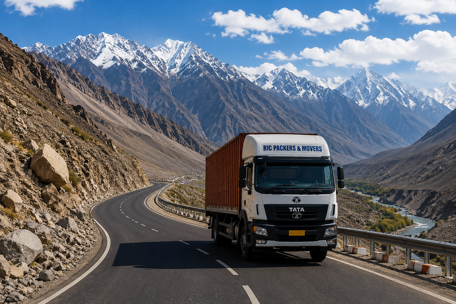 RIC Packers and Movers truck travelling through Ladakh mountains